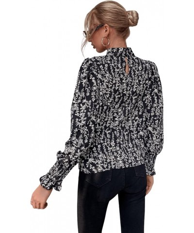 Women's Leopard Print Long Sleeve Frill Trim Mock Neck Blouse Tops Black and White $17.81 Blouses