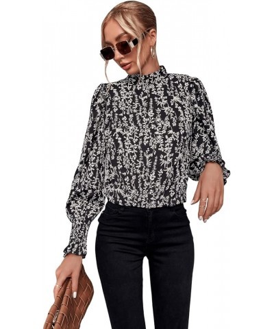 Women's Leopard Print Long Sleeve Frill Trim Mock Neck Blouse Tops Black and White $17.81 Blouses