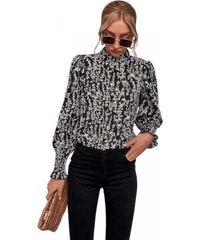 Women's Leopard Print Long Sleeve Frill Trim Mock Neck Blouse Tops Black and White $17.81 Blouses