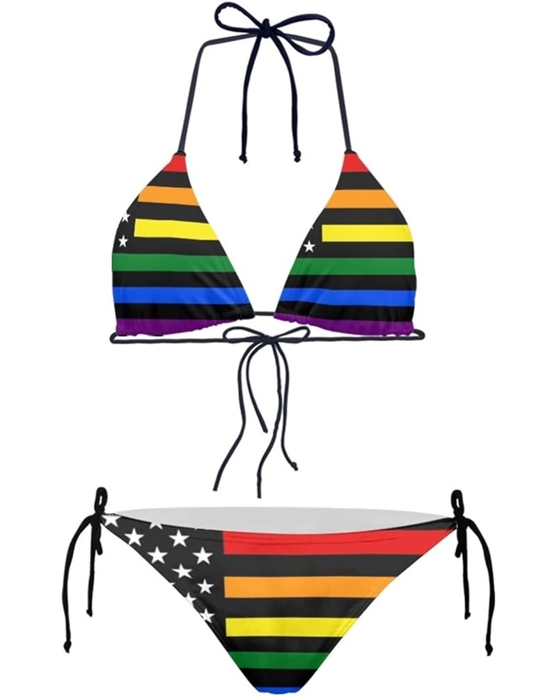 Bikini Triangle Sets for Women 2 Piece Swimsuit Halter String Swimwear Bathing Suit Rainbow Usa Flag $13.33 Swimsuits