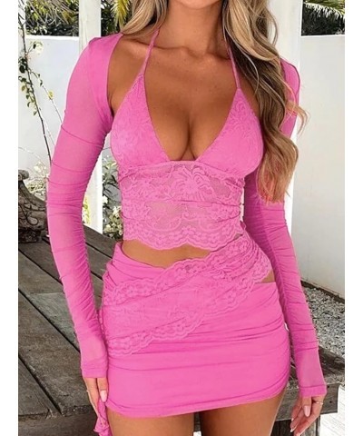 Women Y2k Lace 2 Piece Skirt Set See Through Mesh Lace Crop Top Bodycon Mini Skirt Set Ruffle Going Out Outfits 3 Piece Rose ...