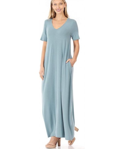 Women's Premium Casual Long Relaxed Loose T-Shirt Maxi Dress with Half Sleeves and Pockets (S-3XL) Blue Grey $16.03 Dresses