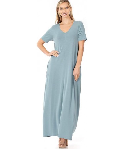 Women's Premium Casual Long Relaxed Loose T-Shirt Maxi Dress with Half Sleeves and Pockets (S-3XL) Blue Grey $16.03 Dresses