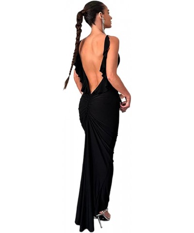 Women Sexy Spaghetti Strap Backless Maxi Dress Lace Up Bodycon Party Dress Bandage Halter Evening Club Dress Ruffle Black $15...