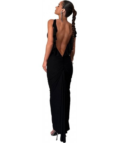 Women Sexy Spaghetti Strap Backless Maxi Dress Lace Up Bodycon Party Dress Bandage Halter Evening Club Dress Ruffle Black $15...