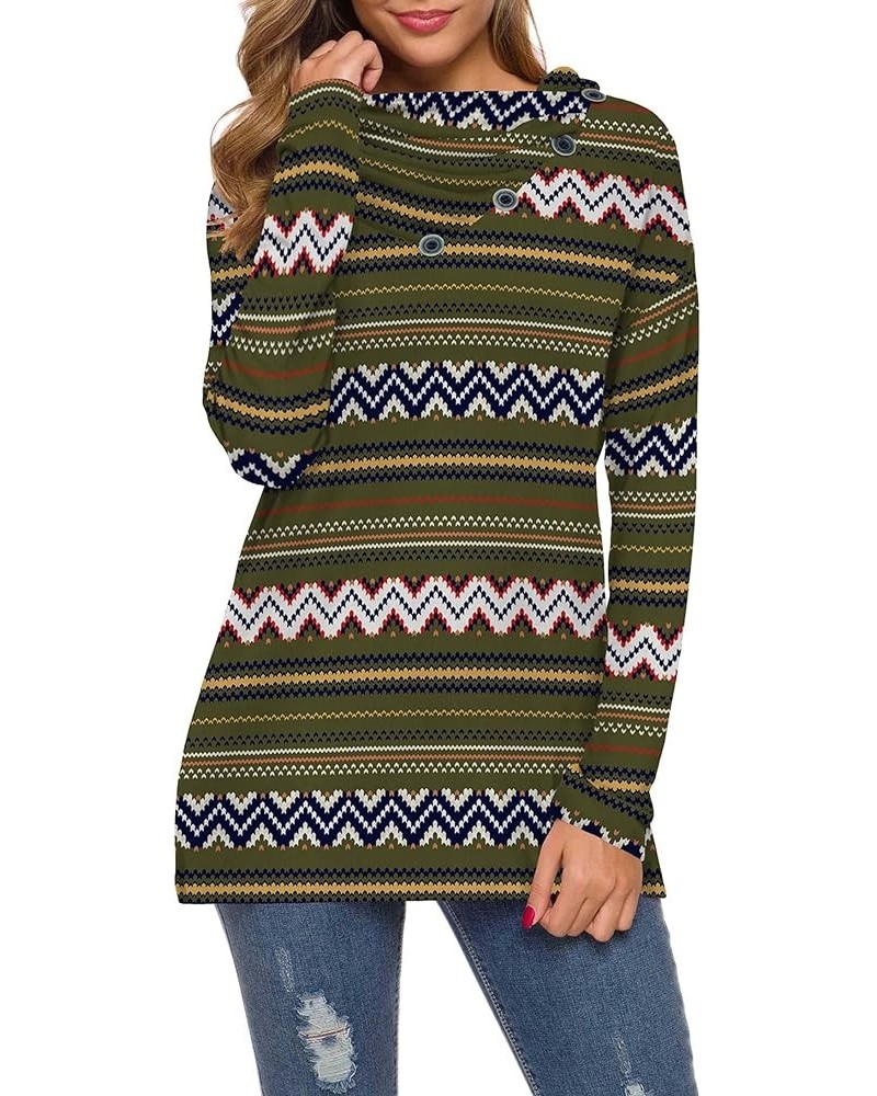 Womens Long Sleeve Button Cowl Neck Casual Loose Tunic Tops Blouse Green Stripe $16.31 Tops