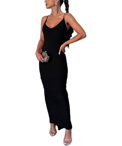 Women Sexy Spaghetti Strap Backless Maxi Dress Lace Up Bodycon Party Dress Bandage Halter Evening Club Dress Ruffle Black $15...