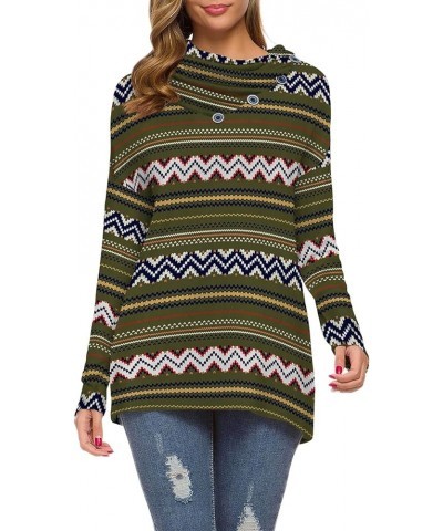 Womens Long Sleeve Button Cowl Neck Casual Loose Tunic Tops Blouse Green Stripe $16.31 Tops