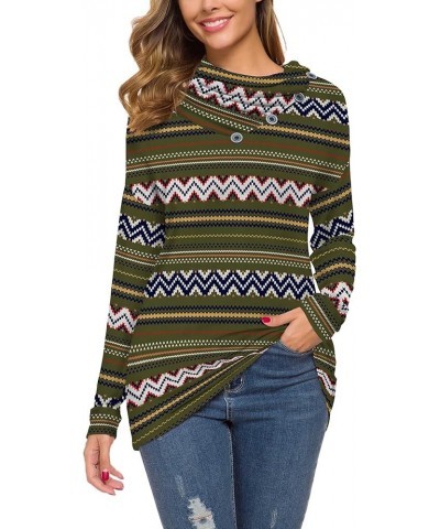 Womens Long Sleeve Button Cowl Neck Casual Loose Tunic Tops Blouse Green Stripe $16.31 Tops