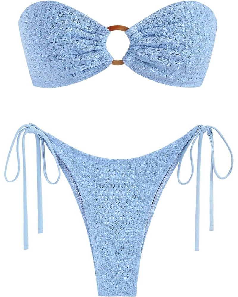 Women's Bandeau Bikini O Ring Strapless Tie Back High Cut Two Piece Swimsuit Bathing Suits 3-light Blue $23.00 Swimsuits