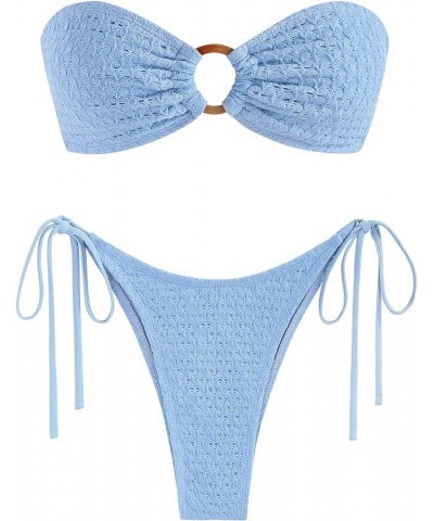 Women's Bandeau Bikini O Ring Strapless Tie Back High Cut Two Piece Swimsuit Bathing Suits 3-light Blue $23.00 Swimsuits