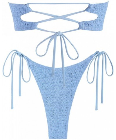 Women's Bandeau Bikini O Ring Strapless Tie Back High Cut Two Piece Swimsuit Bathing Suits 3-light Blue $23.00 Swimsuits