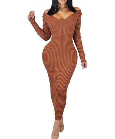 Women's Casual Off Shoulder Long Sleeves Slim Knit Bodycon Sweater Dress Midi Pencil Dress. Brown $15.37 Dresses