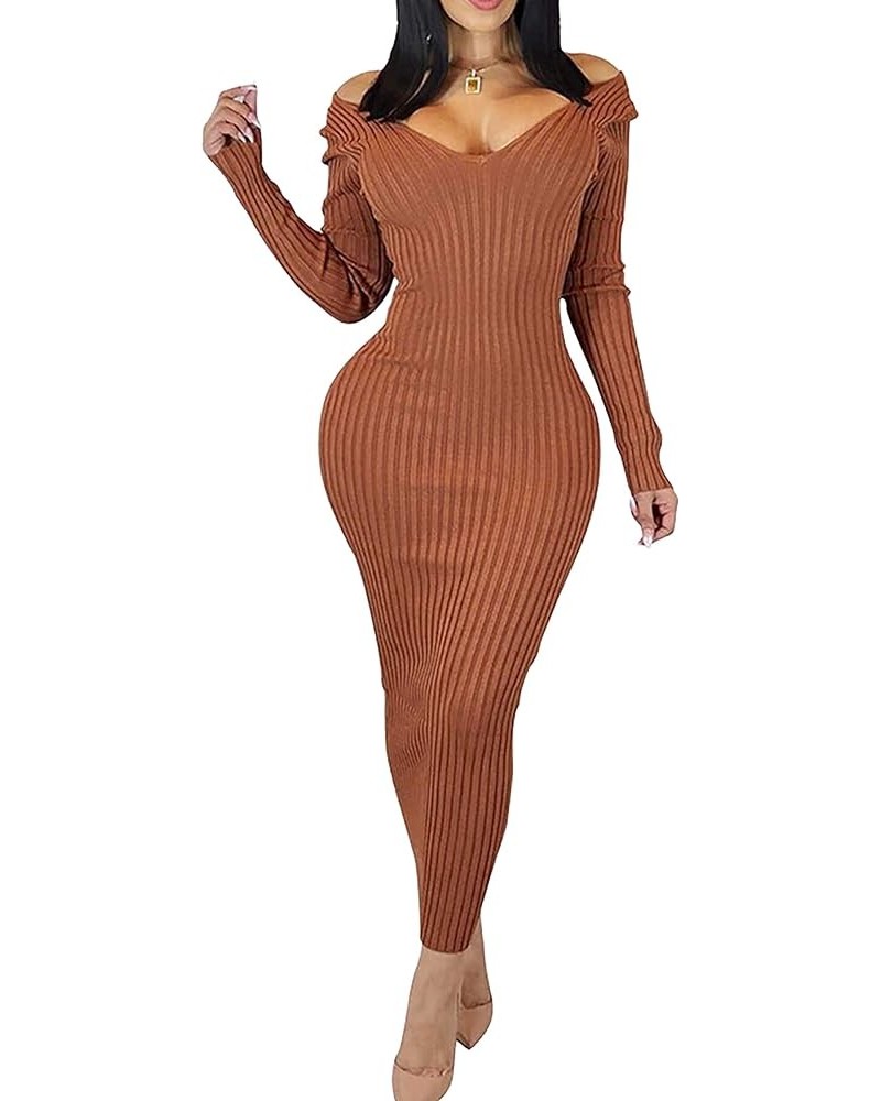 Women's Casual Off Shoulder Long Sleeves Slim Knit Bodycon Sweater Dress Midi Pencil Dress. Brown $15.37 Dresses