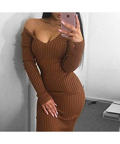 Women's Casual Off Shoulder Long Sleeves Slim Knit Bodycon Sweater Dress Midi Pencil Dress. Brown $15.37 Dresses