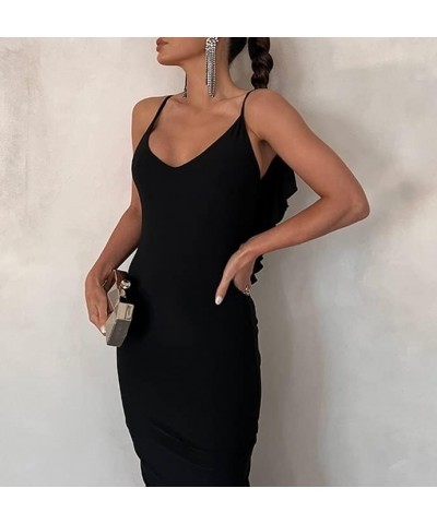 Women Sexy Spaghetti Strap Backless Maxi Dress Lace Up Bodycon Party Dress Bandage Halter Evening Club Dress Ruffle Black $15...