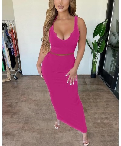 Women's Sexy Summer Scoop Neck Ottoman Rib 2 Piece Outfit Bodycon Crop Tank Tops Long Maxi Skirt Set Club Dress Rose Red $18....