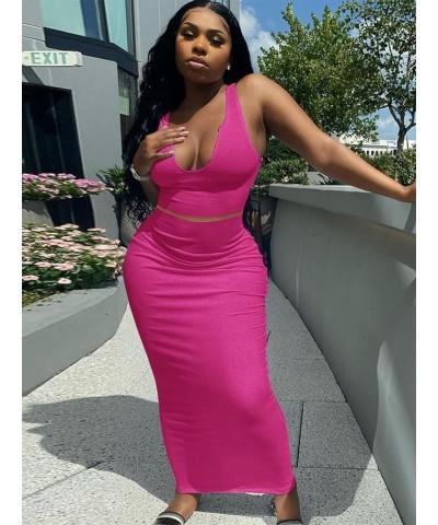 Women's Sexy Summer Scoop Neck Ottoman Rib 2 Piece Outfit Bodycon Crop Tank Tops Long Maxi Skirt Set Club Dress Rose Red $18....