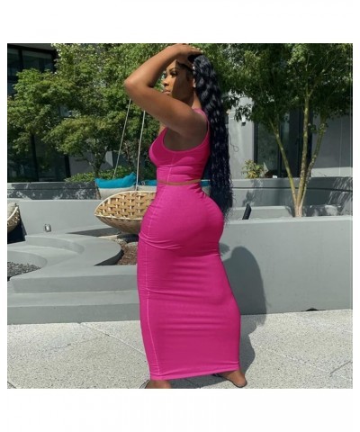 Women's Sexy Summer Scoop Neck Ottoman Rib 2 Piece Outfit Bodycon Crop Tank Tops Long Maxi Skirt Set Club Dress Rose Red $18....