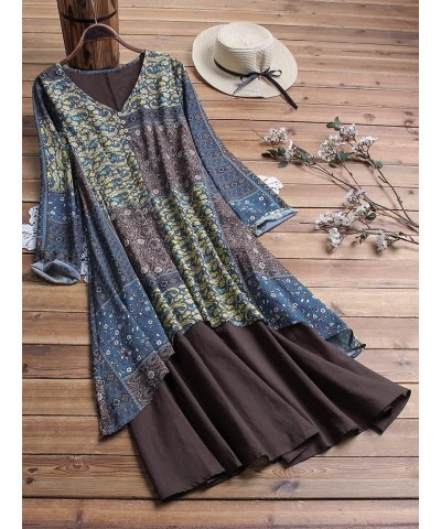 Women's Boho Floral Linen Maxi Dresses Flowy Loose Casual Long T Shirt Dresses Plus Size Style B Blue $14.72 Dresses