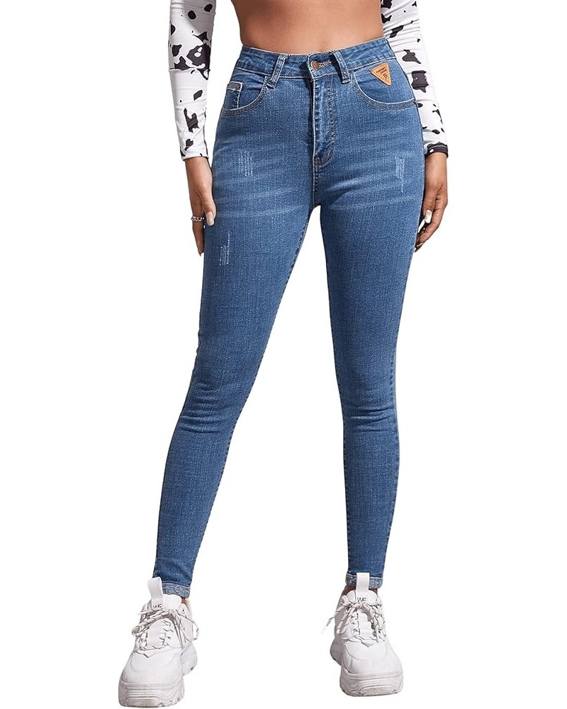 Women's Casual Button High Rise Skinny Denim Jeans Blue Medium Wash $25.43 Jeans