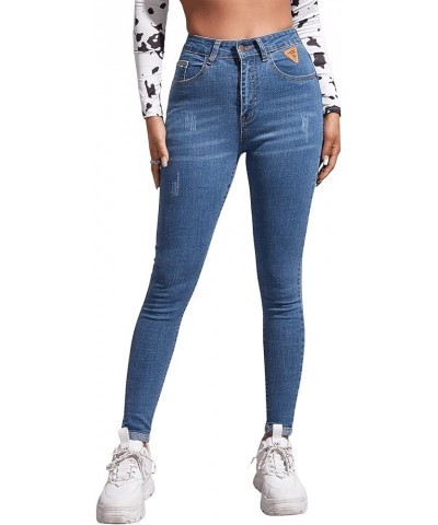 Women's Casual Button High Rise Skinny Denim Jeans Blue Medium Wash $25.43 Jeans