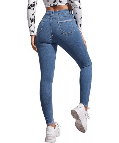 Women's Casual Button High Rise Skinny Denim Jeans Blue Medium Wash $25.43 Jeans