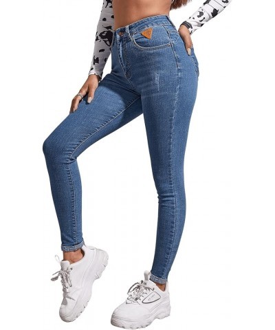 Women's Casual Button High Rise Skinny Denim Jeans Blue Medium Wash $25.43 Jeans