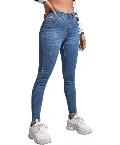 Women's Casual Button High Rise Skinny Denim Jeans Blue Medium Wash $25.43 Jeans