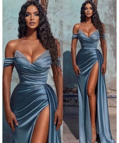 Sexy Satin Off Shoulder Mermaid Prom Bridesmaid Dresses with Split Beaded Long Evening Formal Party Dress Ball Gowns RPM002 O...