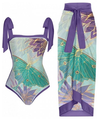 Women's One Piece Swimsuit with Beach Cover Up,Two Piece Swimsuit with Wrap Skirt Plus Size Vintage Print Bikini B8-purple $9...