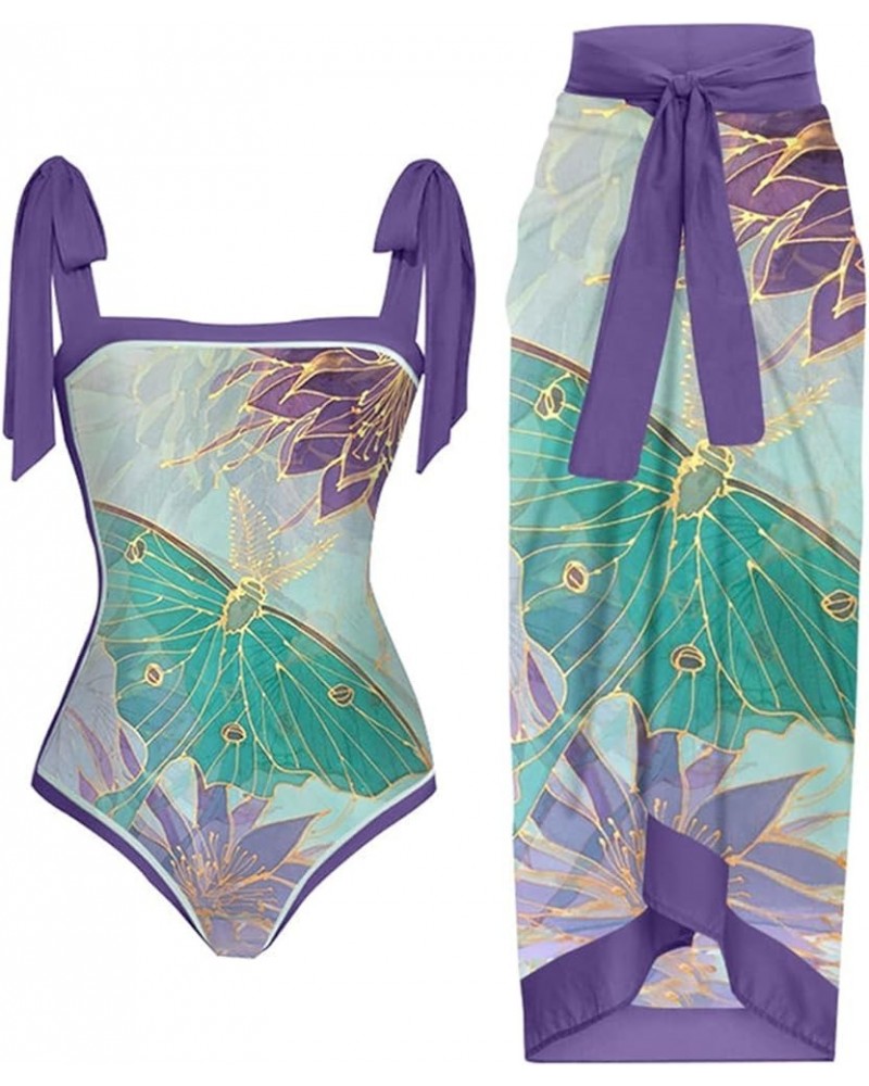 Women's One Piece Swimsuit with Beach Cover Up,Two Piece Swimsuit with Wrap Skirt Plus Size Vintage Print Bikini B8-purple $9...