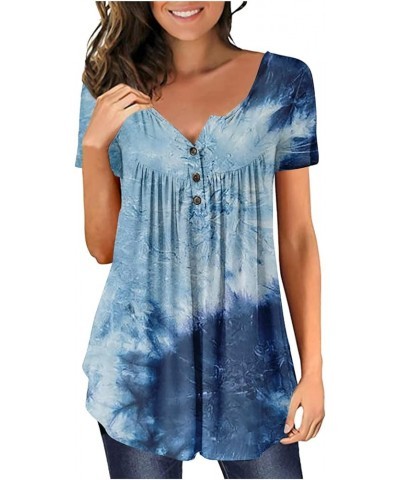 Plus Size Tops for Women Dressy Button Down T Shirt Graphic Print Short Sleeve Blouse Henley V Neck Summer Clothes Ak41-blue ...