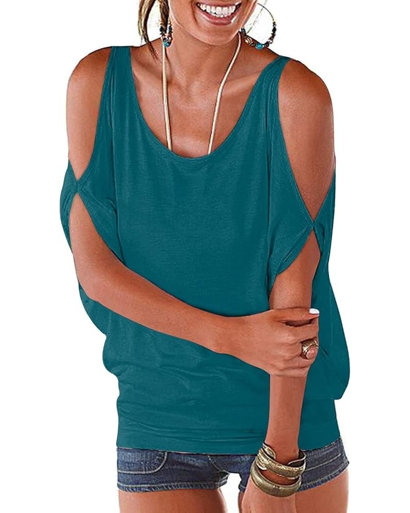 Womens Summer Cold Shoulder Tops Short Sleeve T Shirts Pullover Casual Dolman Blouses Teal $11.00 T-Shirts