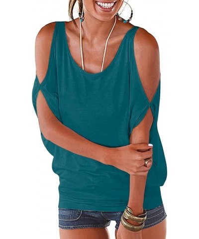 Womens Summer Cold Shoulder Tops Short Sleeve T Shirts Pullover Casual Dolman Blouses Teal $11.00 T-Shirts