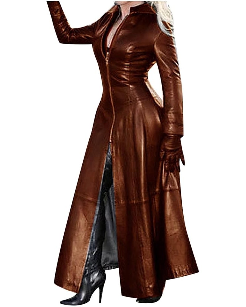 Womens Trench Long Windbreaker Coats for Women Faux Leather Sexy Plain Winter Fall Trench 2024 Q-q4 Brown $10.06 Coats