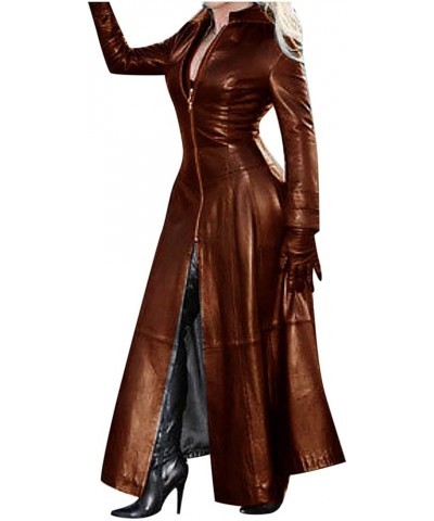 Womens Trench Long Windbreaker Coats for Women Faux Leather Sexy Plain Winter Fall Trench 2024 Q-q4 Brown $10.06 Coats