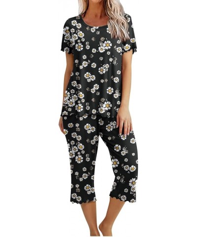 Womens Pajamas Sets 2024 Short Sleeve Sleepwear Tops and Capri Pants Two Piece Loungewear Soft Pjs Sets with Pockets A07-blac...