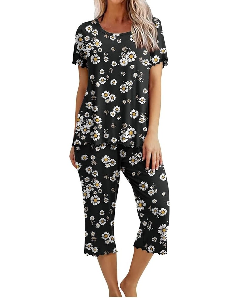 Womens Pajamas Sets 2024 Short Sleeve Sleepwear Tops and Capri Pants Two Piece Loungewear Soft Pjs Sets with Pockets A07-blac...