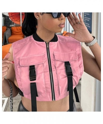 Women's Sleeveless Crop Vest Buckle Zip Up Jacket Cargo Tops with Pockets Pink $15.14 Vests