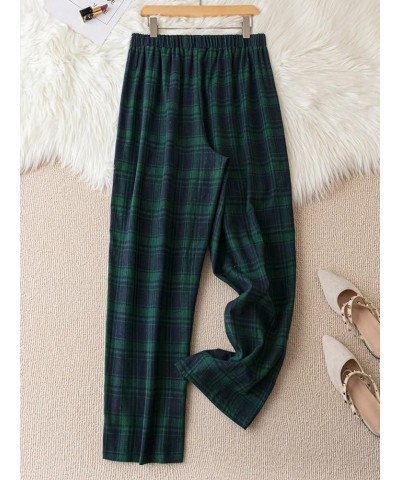 Women's Plus Size Plaid Print Elastic High Waisted Straight Leg Pants Trousers Green $10.50 Pants