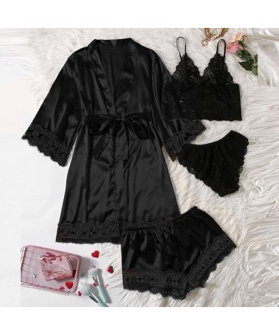 Silk Satin Pajamas Set 4Pcs for Women Lingerie Floral Lace Cami Sleepwear With Robe Soft Loungewear Lounge Shorts Set Pajamas...