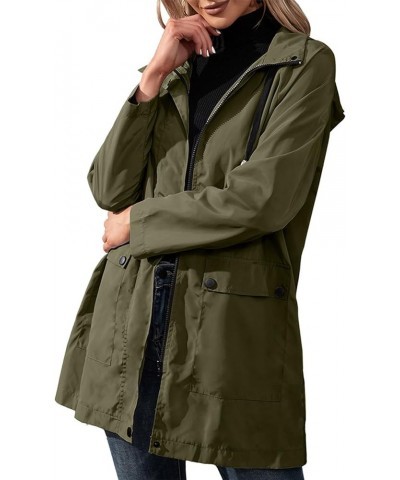 Women's Waterproof Raincoat Drawstring Lightweight Packable Tops Coat Hood Windbreaker Rain Jacket for Hiking Travel A Army G...