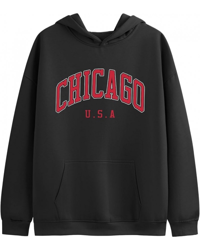 Oversized Chicago Graphic Hoodies Vintage Cute Aesthetic Preppy Sweatshirt for Women Teen Girls Trendy Pullover Tops Black $1...