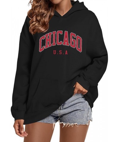 Oversized Chicago Graphic Hoodies Vintage Cute Aesthetic Preppy Sweatshirt for Women Teen Girls Trendy Pullover Tops Black $1...