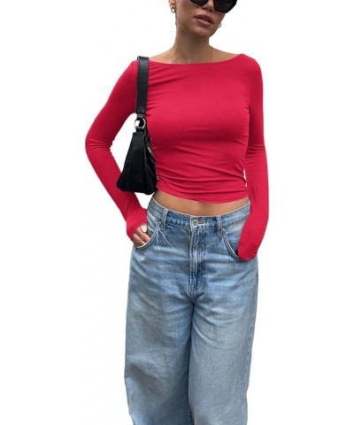 Womens Long Sleeve Shirts Basic Going Out Crop Tops Slim Fit Boat Neck Y2K T Shirts Red $13.43 Tops