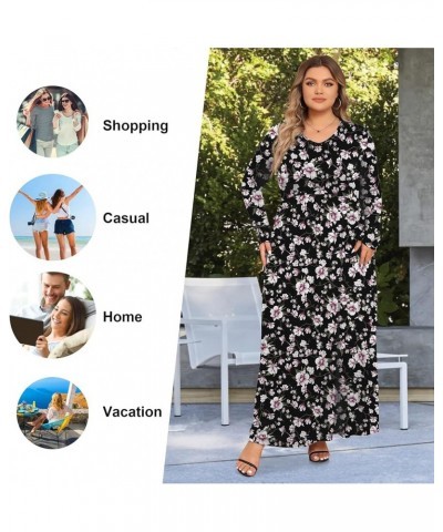 Womens Plus Size Maxi Dresses Long Sleeve Casual V Neck 2023 Fall Winter Soft Loose Fit T-Shirt Dress with Pockets A10-black ...