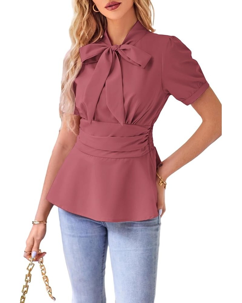 Women's Office Bow Tie Blouse Puff Sleeve Peplum Dressy Shirt Smocked Waist Pink Orange Short Sleeve $20.88 Blouses