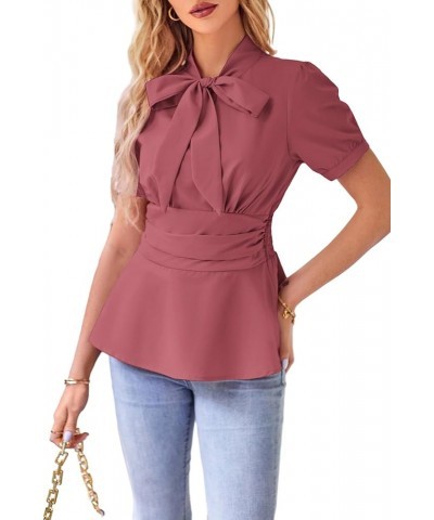 Women's Office Bow Tie Blouse Puff Sleeve Peplum Dressy Shirt Smocked Waist Pink Orange Short Sleeve $20.88 Blouses