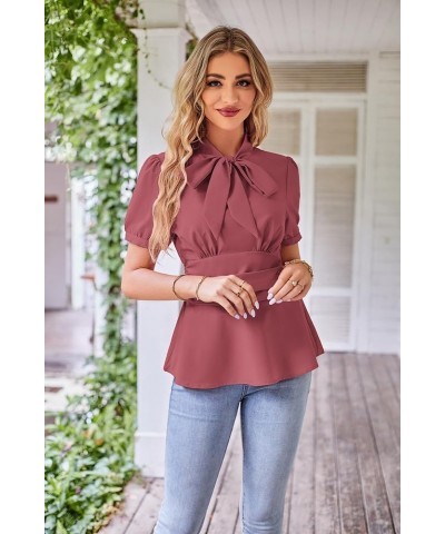 Women's Office Bow Tie Blouse Puff Sleeve Peplum Dressy Shirt Smocked Waist Pink Orange Short Sleeve $20.88 Blouses